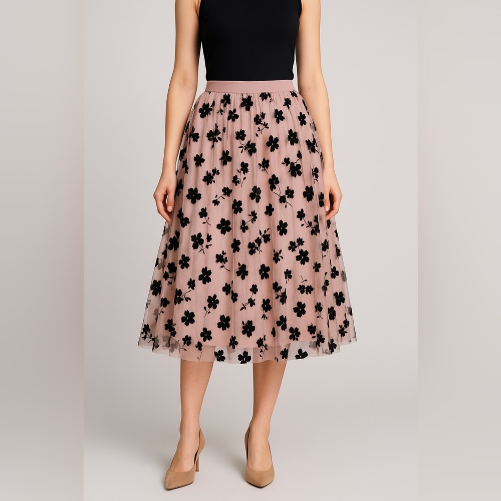 Bomy Collection Pink Blush & Black Tulle Midi Skirt for Women – One Size